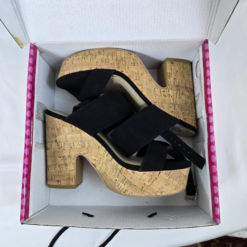 Coconuts by‎ Matisse Women's Black Chunky Cork Block Heel Platform Sandals 8 NEW